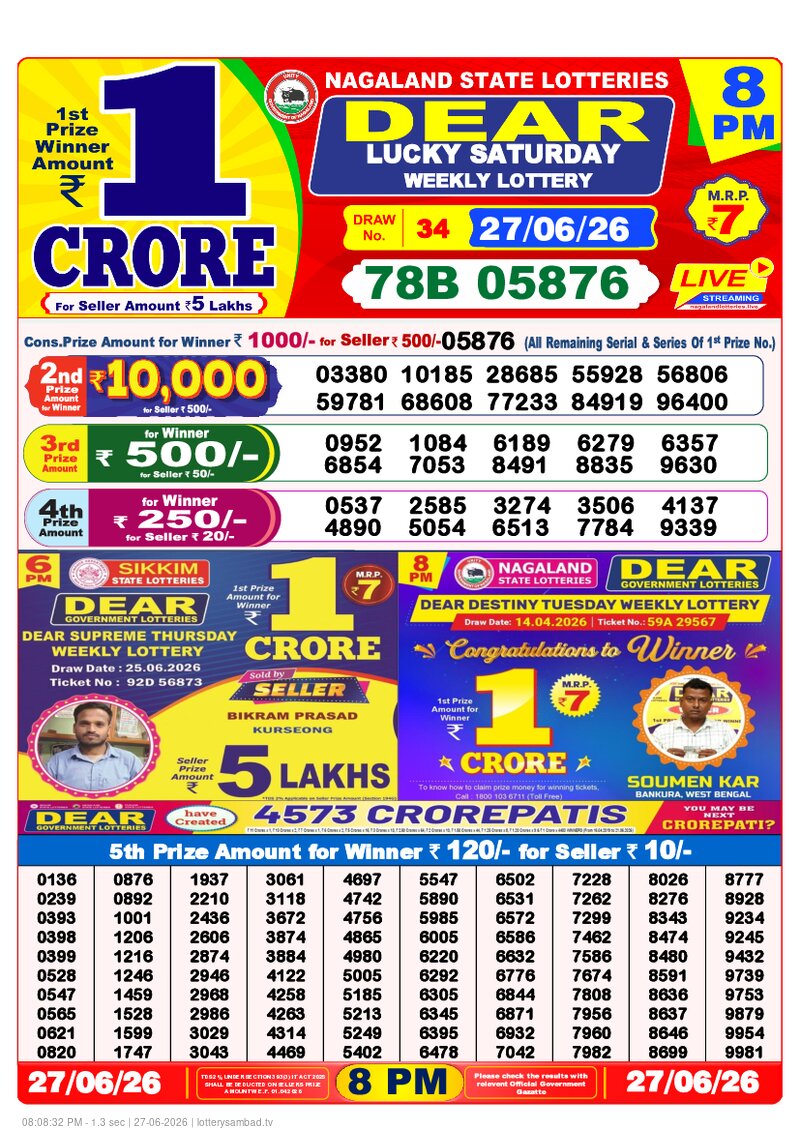Lottery Sambad Today (27 June, 2026) Dear Lottery Result 1 PM 6 PM 8 PM